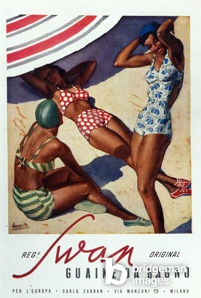 Swan poster for swimwear, three young women in swimsuit (one in bikini) with tanned skin sunbathe on a beach. Illustration of Gino Boccasile (1901-1952), Gino Boccasile, (1901-52) / Private Collection / © Giancarlo Costa / Bridgeman Images