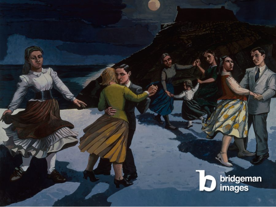 Painting of a group of people dancing on the edge of a cliff