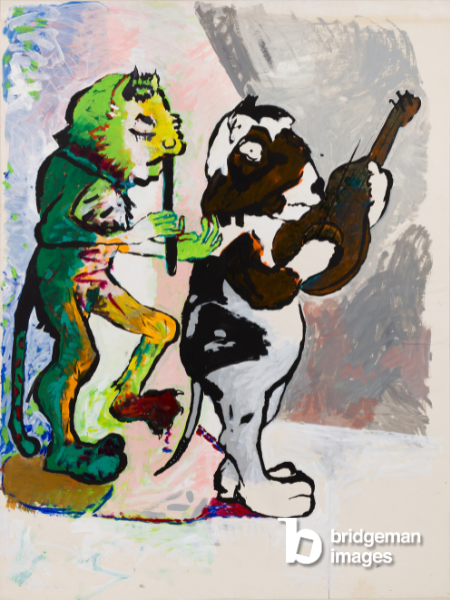 A painting of a cat and a guinea pig playing music