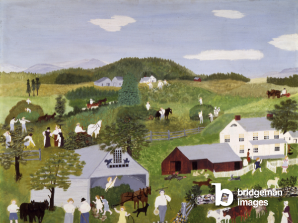 Grandma Moses painting of a small town with farmers and children playing
