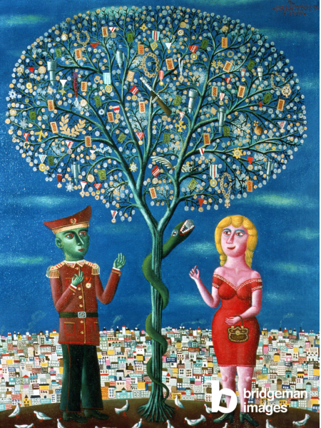 Tamás Galambos artwork showing two figures standing by a tree