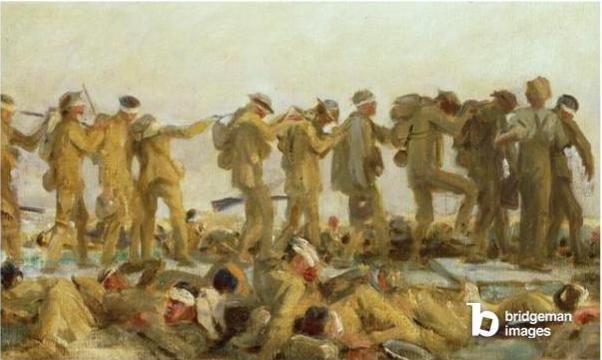peinture de soldats aveugles se tenant par les epaules