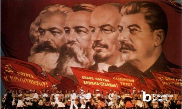 Affiche de propagande : Karl Marx, Friedrich Engels, Lénine et Staline 