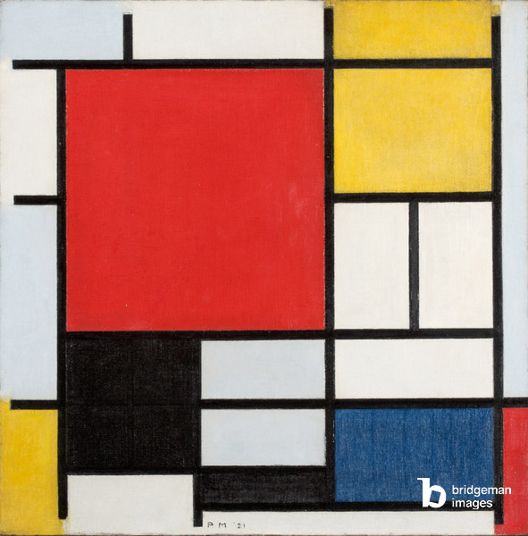 Composition avec un grand plan rouge, jaune, noir, gris et bleu