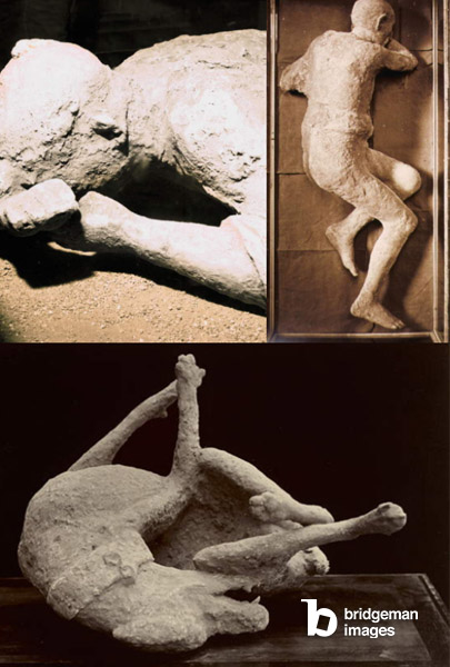 Montage d'images de l'ancienne Pompéi et de photos de victimes de l'éruption du Vésuve en 79 après Jésus-Christ.