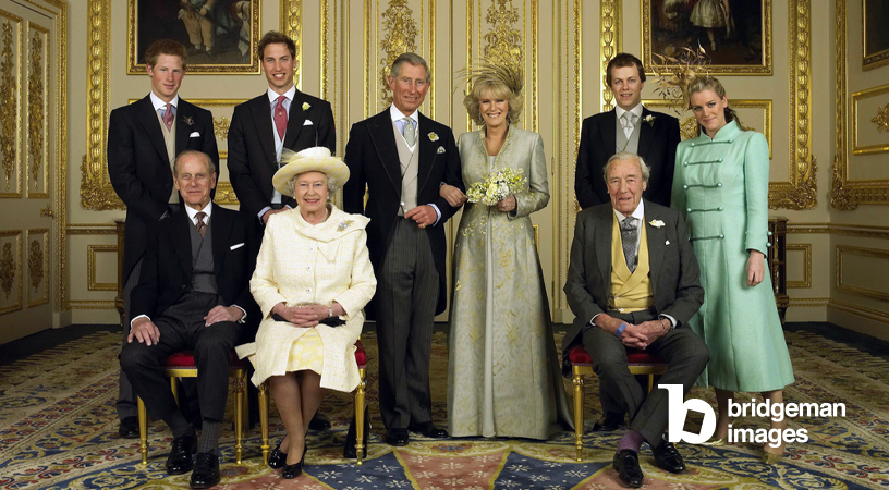 Prince Harry, Prince William, Tom and Laura Parker Bowles (L-R front row) Duke of Edinburgh, Britain's Queen Elizabeth II and Camilla's father Major Bruce Shand, in the White Drawing Room at Windsor Castle Saturday April 9 2005, after their wedding ceremony.