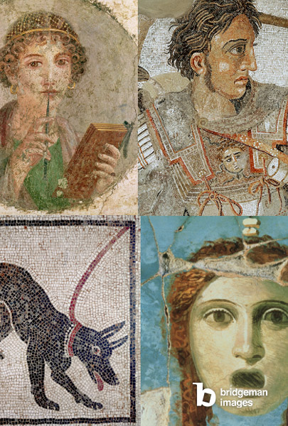 Montage d'images de Pompéi et de photos de mosaïques et de fresques trouvées dans l'ancienne Pompéi.