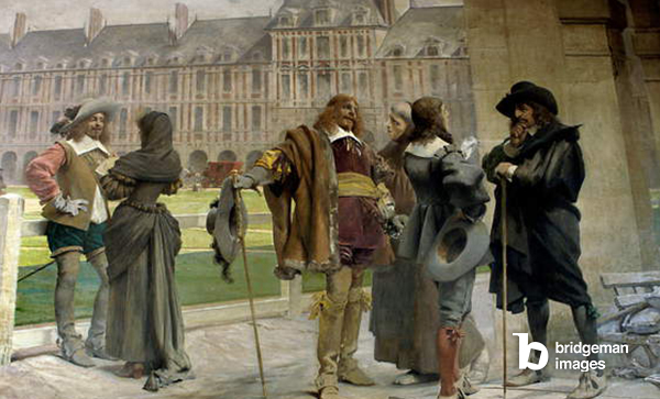 Pascal and Desargues share with Descartes their experiments on the weight of the air in the Place des Vosges (Place Royale) during its construction between 1605 and 1612 in Paris. Marouflaged canvas by Francois Flameng (1856-1923), / La Sorbonne, Paris, France / Photo © Photo Josse / Bridgeman Images