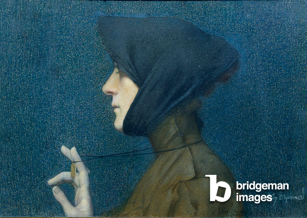 Portrait of a woman with a medallion. Woman in profile supporting her pendant in front of her, 1896 (pastel), Lucien Levy-Dhurmer, (1865-1953) / Musee d'Orsay, Paris, France / Photo © Photo Josse / Bridgeman Images