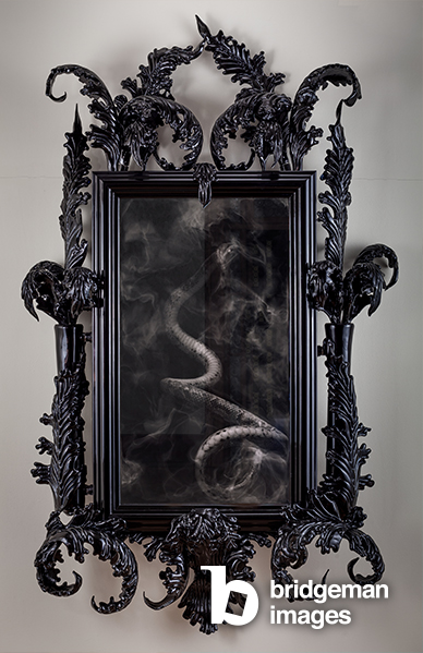 East of Eden, 2013 (Black Murano Glass, surveillance mirror, steel, wood, lacquer, LCD screen and hard drive), Mat Collishaw,  (b.1966) / © Mat Collishaw. All rights reserved 2023 / Bridgeman Images