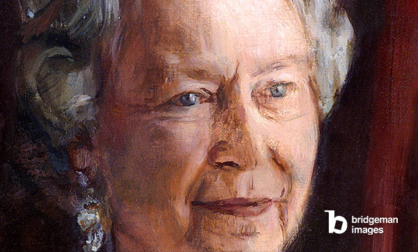 Detail of the portrait of HM Queen Elizabeth II, 1995 (oil on canvas) / The Royal Overseas League Headquarters, Park Place, London / © Christian Furr. All rights reserved 2022 / Bridgeman Images