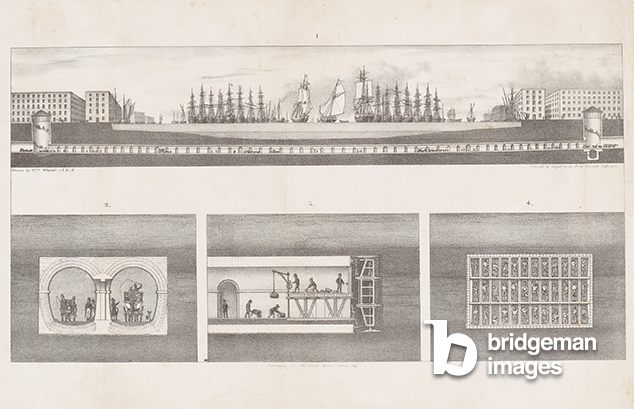 A lithograph section of the whole tunnel with three vignettes, c.1818-39 (lithograph print on paper), William Westall,  (1781-1850) / London Metropolitan Archives, City of London / © The Brunel Museum / Bridgeman Images