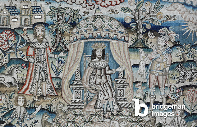 An embroidered panel depicting 'The Judgement of Solomon', c.1640 (embroidery) / Parham House, West Sussex, UK / © Parham House/Nick McCann / Bridgeman Images