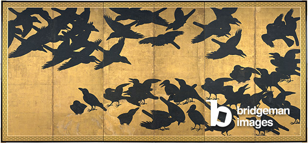 Crows, early 17th century (Pair of six panel screens; ink and gold on paper), Japanese School, (17th century) / Seattle Art Museum, Seattle, USA / Eugene Fuller Memorial Collection / Bridgeman Images