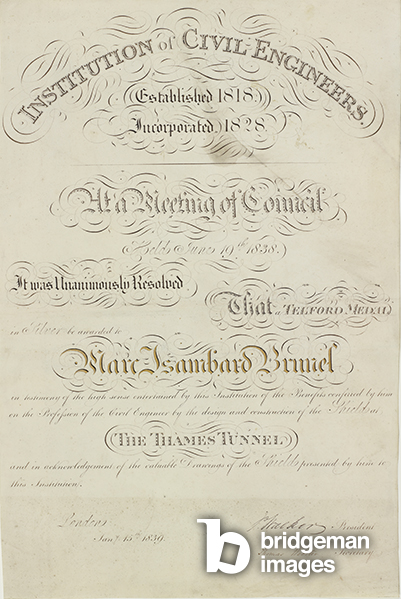 ICE certificate awarding Marc Isambard Brunel the Thomas Telford Silver Medal, 1839 (ink on vellum), British School, (19th century) / London Metropolitan Archives, City of London / © The Brunel Museum / Bridgeman Images