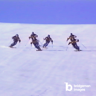 Italy 1988, Acrobatic skiers in snow 14 / Private Collection / 4K Historical Footage / Bridgeman Images