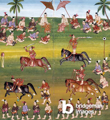 Ms 17 Soldiers on horseback demonstrate various skills, including shooting and two-horse bareback riding (gouache on paper), Burmese School, (19th century) / John Rylands Library, University of Manchester, UK  © John Rylands Library / Bridgeman Images