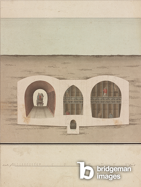 Section of the Thames Tunnel with stagecoach and shield, c.1818-39 (watercolour on paper), British School, (19th century) / London Metropolitan Archives, City of London / © The Brunel Museum / Bridgeman Images