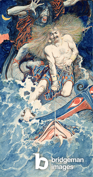 The Fishing of Thor and Hymir, from 'North Folk Legends of the Sea' by Howard Pyle, published in Harper's Monthly Magazine, January 1902 (w/c on paper), Howard Pyle (1853-1911) / Delaware Art Museum, Wilmington, USA / © Delaware Art Museum / Museum Purchase / Bridgeman Images