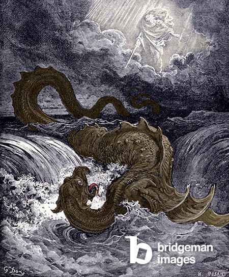 The Leviathan, sea monster resembling the sea snake referred to in the Bible. Engraving of the 19th century, Gustave Dore, (1832-83) © Giancarlo Costa / Bridgeman Images
