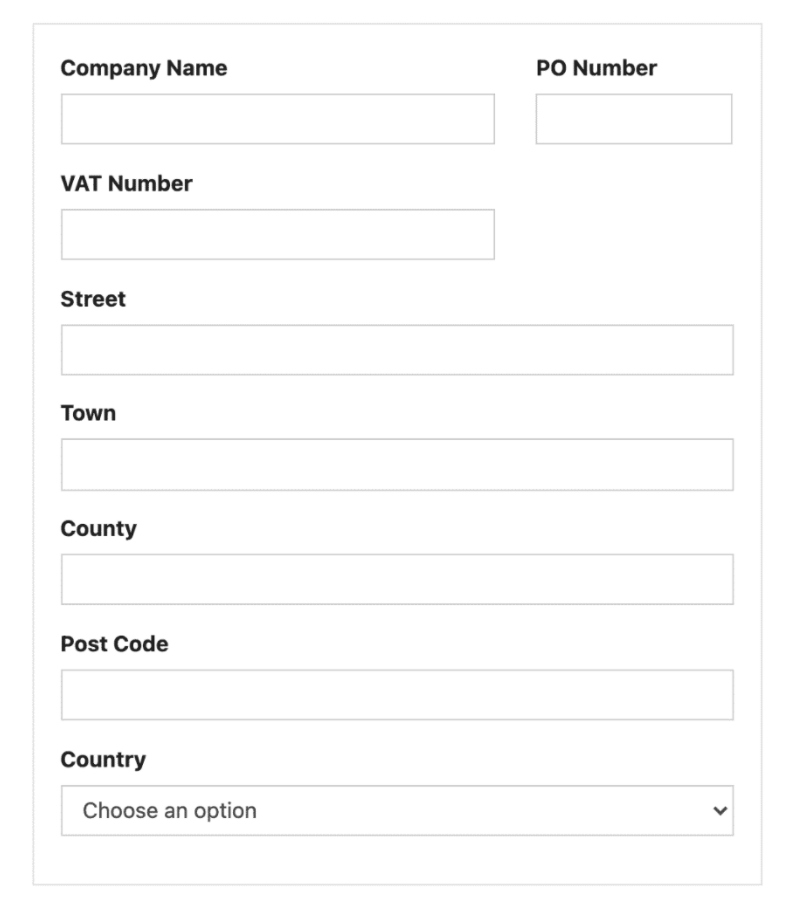  form where you can add your Company Name, a PO Number, a VAT Number, and the Company address