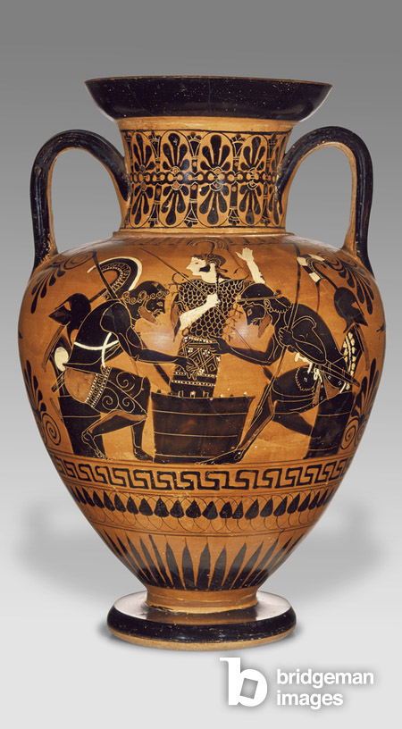 Athenian Attic black-figure neck amphora with Ajax and Achilles, c.510 BC / Bridgeman Images