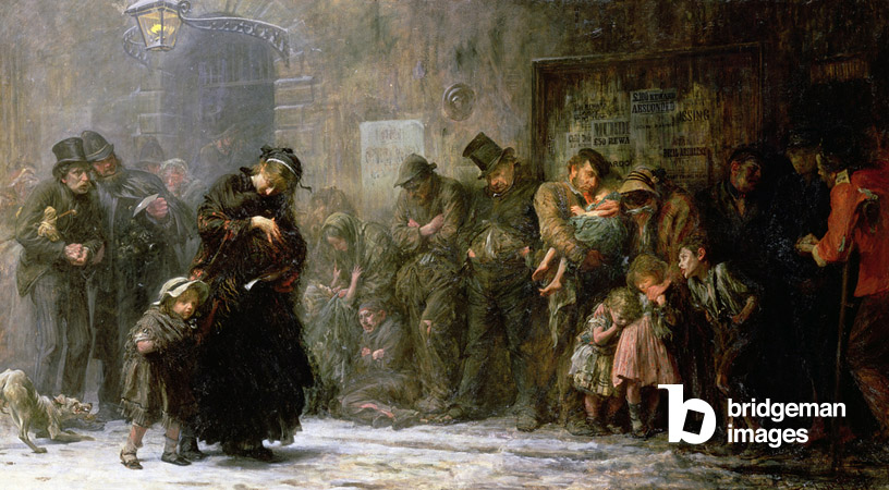 Ölmalerei von Samuel Luke Fildes, das Meschen in einer Schlange wartend im Winter zeigt