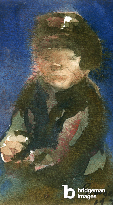 dipinto realismo sociale, bambino con sfondo blu