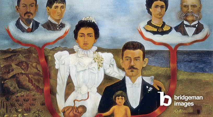 Werk von Frida Kahlo, das ihren Stammbaum zeigt - ihre Großeltern, ihre Eltern und sie selbst