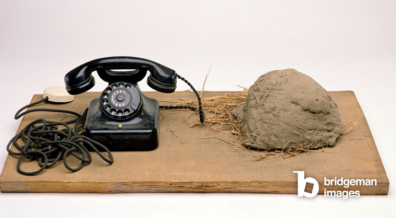 Earth Telephone, 1968 (telephone, earth & grass, connecting cable on wooden board)