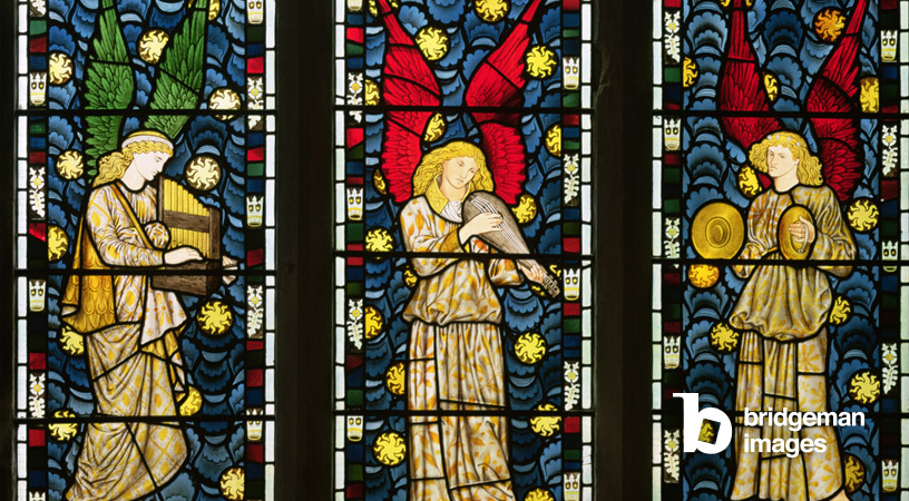 Musikalische Engel, Detail der unteren Hälfte des Engelsfensters in der Church of St. Michael