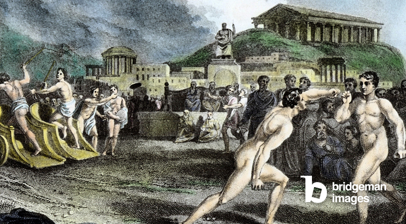 Jeux Olympiques: représentation des Olympiades dans la Grece Antique à Athènes. Trois disciplines y sont représentés: la course des biges (chars), le lancement de disque et le pugilat. Gravure à l'aquarelle, 1819