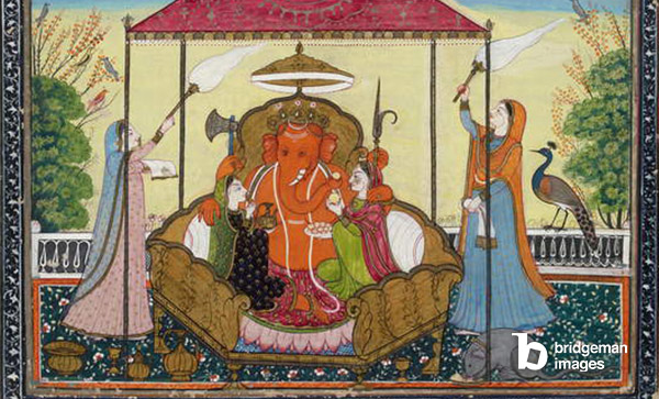 Ganesha with his wives and attendants, 1810-20 (gouache with gold on paper), Indian School, (19th century) / Ashmolean Museum, University of Oxford, UK / © Ashmolean Museum / Image © Ashmolean Museum, University of Oxford / Bridgeman Images