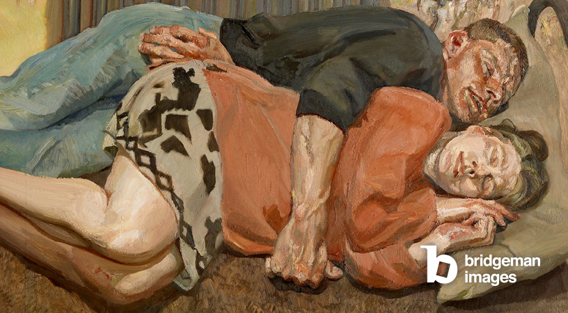 Painting of couple lying down by Lucian Freud