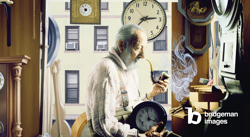 Gemälde von einem Pfeife rauchenden Mann in einem Raum voller Uhren von Max Ferguson