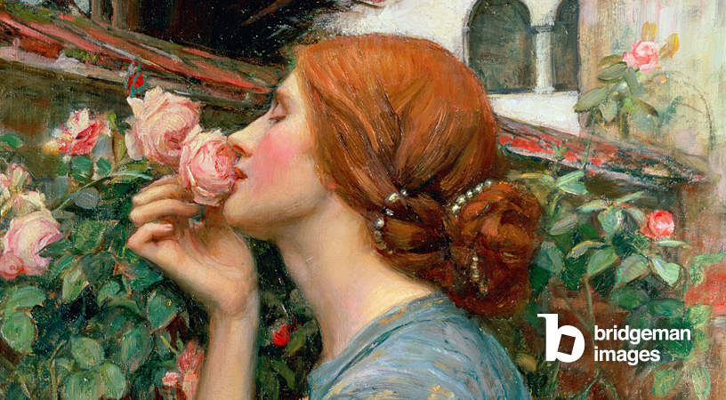 Painting titled The Soul of the Rose showing a red haired woman smelling pink roses