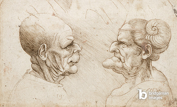 Five grotesque heads, and three heads of men in profile, c.1510-20 (pen & ink over red chalk on paper)