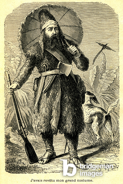Portrait of Robinson Crusoe on his island deserte, with his umbrella, rifle, tools and dog. Frontispiece of the French edition Emile Guerin of Daniel Defoe's book (De Foe), circa 1880. Engraving by G. Lafosse. / Photo © Gusman / Bridgeman Imagesdeserted