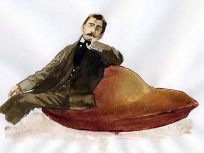 Portrait de l'ecrivain francais Marcel Proust (1871-1922) assis sur sa madeleine / Photo © Alessandro Lonati / Bridgeman Images