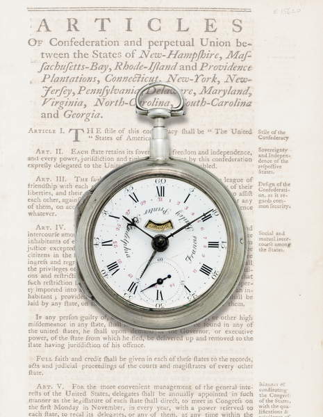 photo of  the The earliest known calendar watch made entirely on American soil, having Voight's double virgule escapement, with adjustable temperature compensation, special wheel work, and a silver case made for Francis Bailey. Movement signed Henry Voight, Philadelphia, dial signed Francis Bailey, Printer, Philadelphia. Case stamped with Voight's master mark 'HV', movement No. 22. © Christie's Images / Bridgeman Images