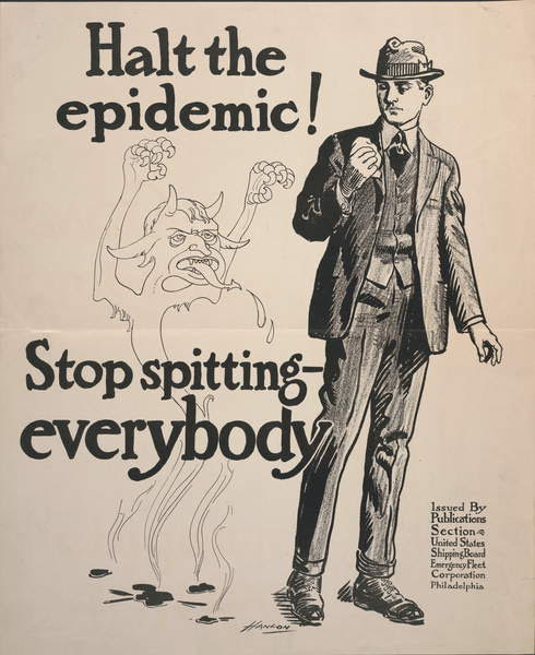 Poster titled: Halt the epidemic! Stop spitting- everybody, c.1918 (litho), American School, (20th century) / Free Library of Philadelphia / © Free Library of Philadelphia / Print and Picture Collection, Free Library of Philadelphia / Bridgeman Images