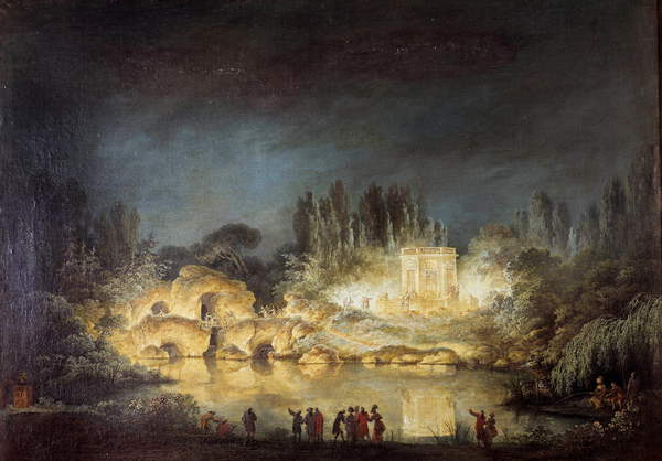 Lighting of the Belvédère pavilion in the gardens of the Pair de Trianon in Versailles during the feast given by Queen Marie-Antoinette in honor of her brother Joseph II (1741-1790) in August 1781. Painting by Claude-Louis Châtelet / Museum and National Estate of Versailles and Trianon, Versailles, France © Photo Josse / Bridgeman Images