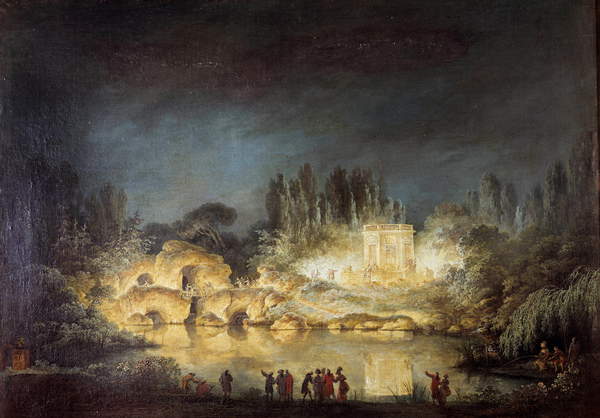 Beleuchtung des Pavillons Belvedere in den Gärten des Trianon Peer in Versailles während des Festes, das Königin Marie Antoinette zu Ehren ihres Bruders Joseph II. (1741-1790) im August 1781 gab. Gemälde von Claude Louis Chatelet / Musée et Domaine National de Versailles et de Trianon © Photo Josse / Bridgeman Images