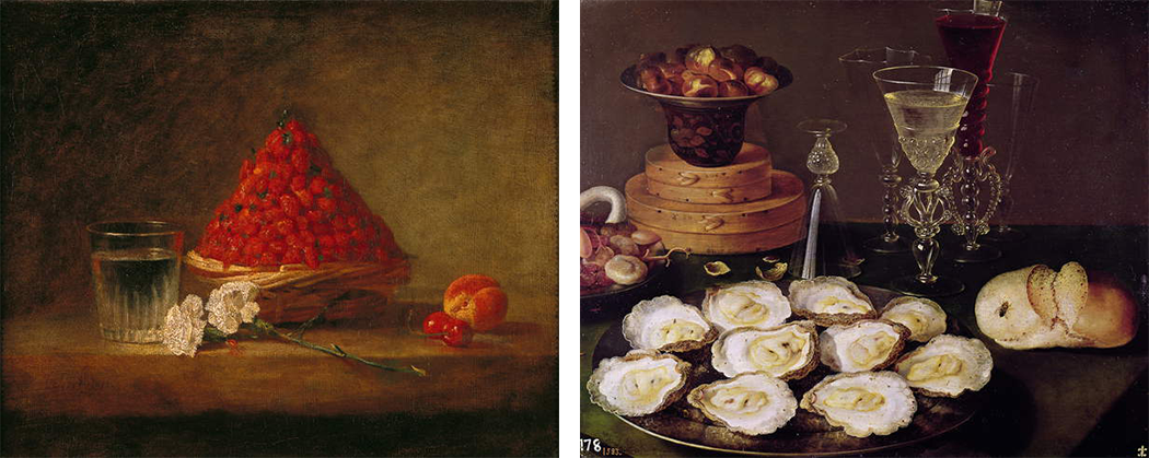 Images of oil painting with a  Basket with Wild Strawberries by Jean-Baptiste Simeon Chardin and another oil painting with Oysters and Glasses by Osias Beert the Elder licensed by Bridgeman Images
