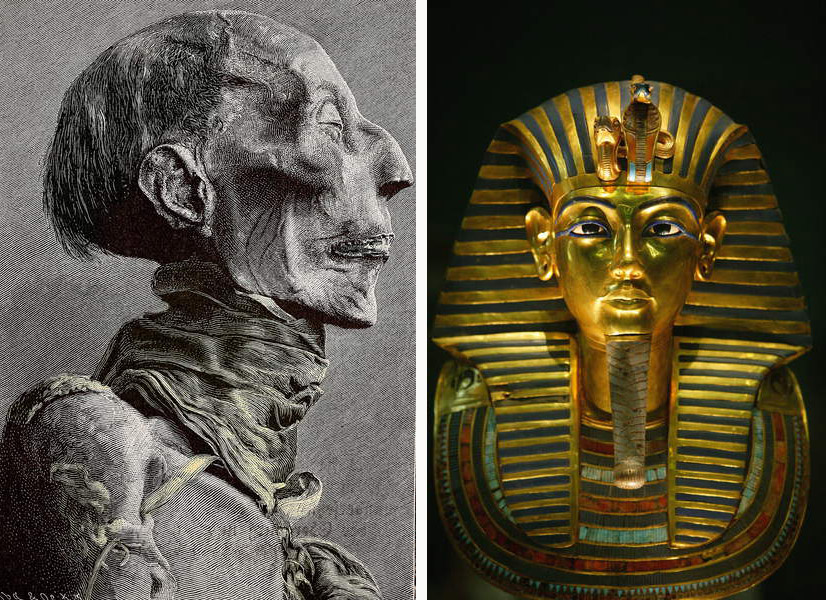 Ägypten Bilder: Lithographie einer Fotografie: Kopf der Mumie von Ramses II und Tutanchamuns Totenmaske