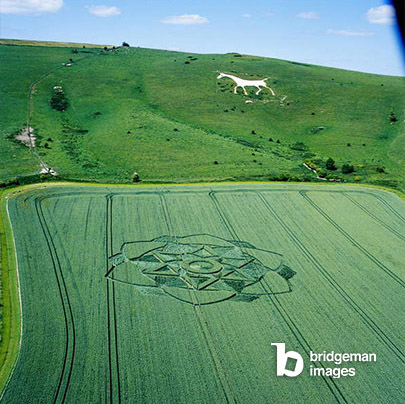 Image of a Crop circle in a wheat field, Milk Hill, Alton Priors, Vale of Pewsey, Wiltshire, 17th July 2003 (aerial photograph) © Francine Blake / Bridgeman Images