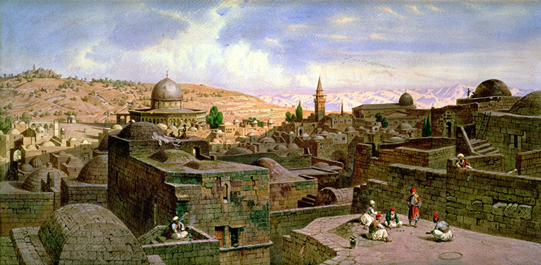 image of the painting used a reference in the film Murder on the Orient Express A View of Jerusalem, with the Dome of the Holy Rock by Carl Friedrich Heinrich Werner  © Christie's Images / Bridgeman Image
