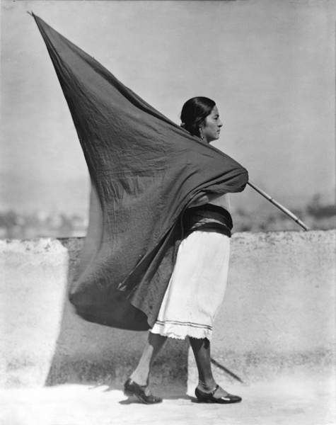 photo of Woman with Flag, Mexico City, 1928 (b/w photo), Modotti, Tina (1896-1942) / © Galerie Bilderwelt / Bridgeman Images