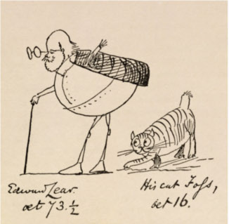 Edward Lear Aged 73 and a Half and His Cat Foss, Aged 16 (litho), by Edward Lear