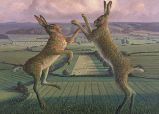 Boxing Hares on Brimsdown Hill, 2007 (tempera on canvas), James Lynch (Contemporary Artist)